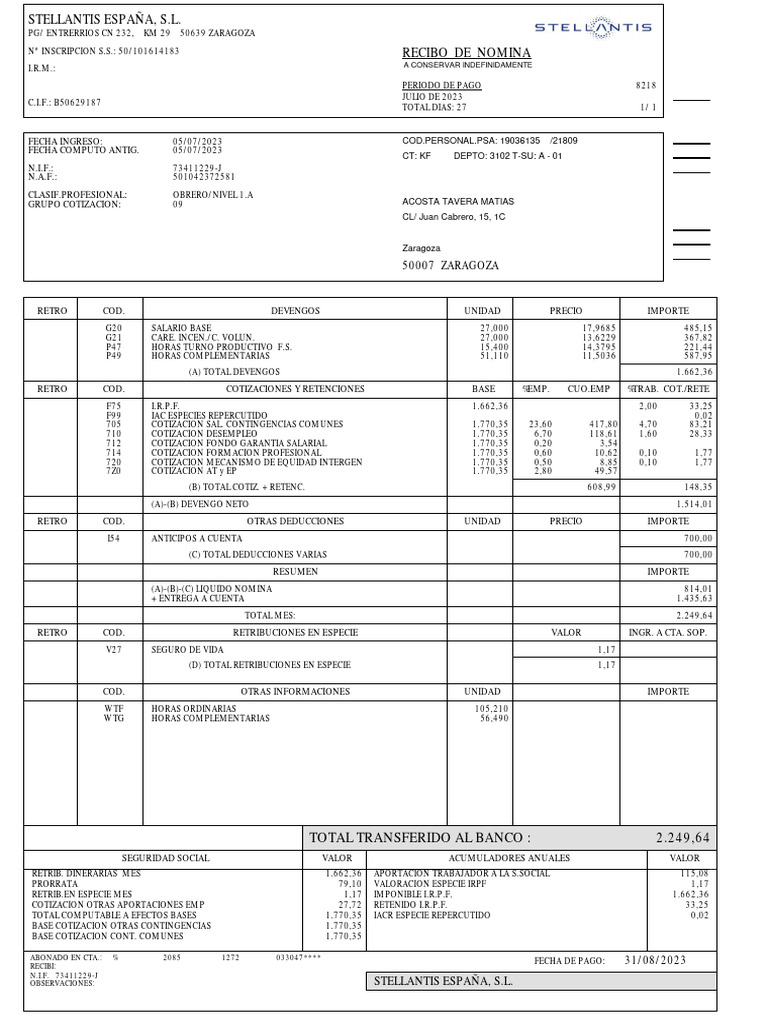 Recibo de Nomina Julio de 2023 | PDF