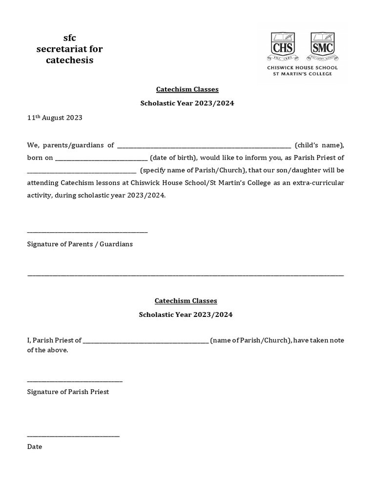 Catechism Enrollment Form 2023/2024 | PDF