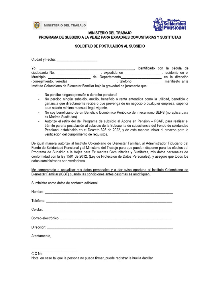 Anexo Ndeg1. Solicitud de Postulacion Del Programa Al Subsidio | PDF