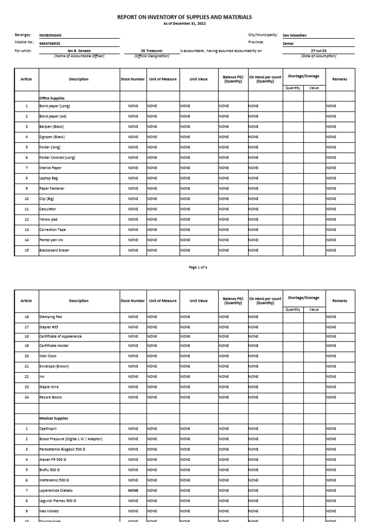 Inventory Report for Inobongan Barangay | PDF