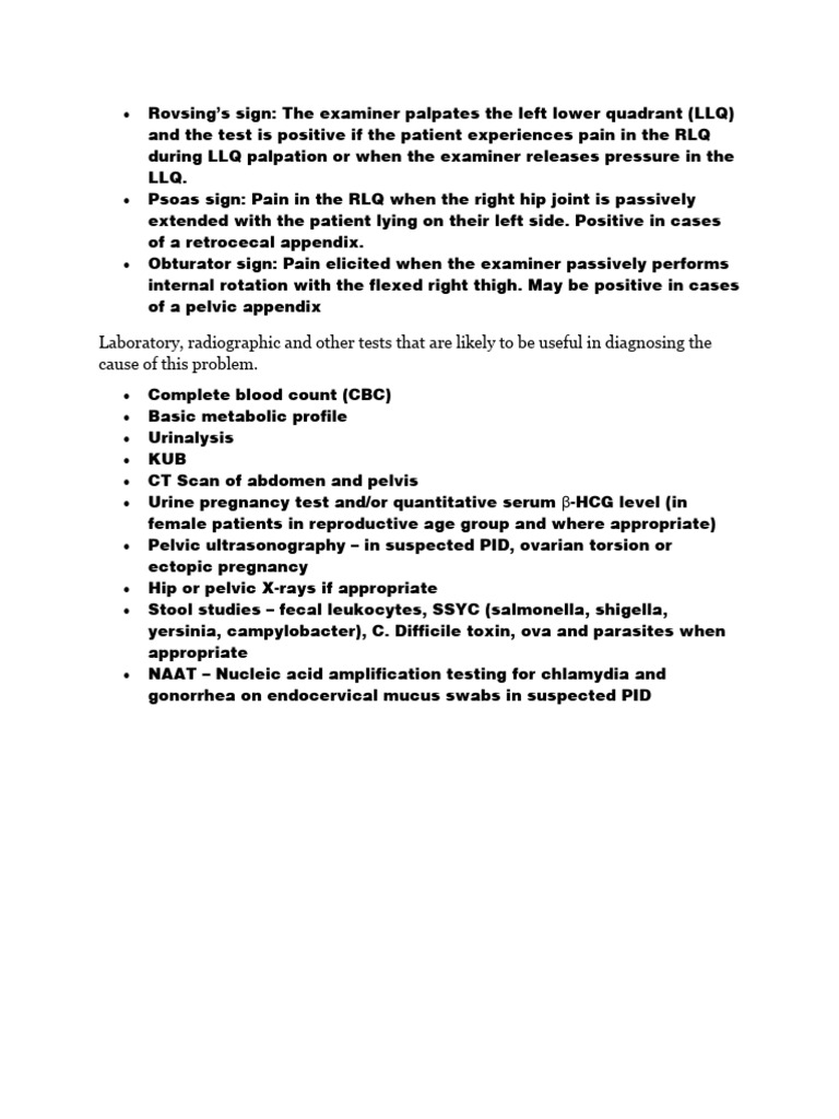 Laboratory radiographic and other tests that are likely to be useful