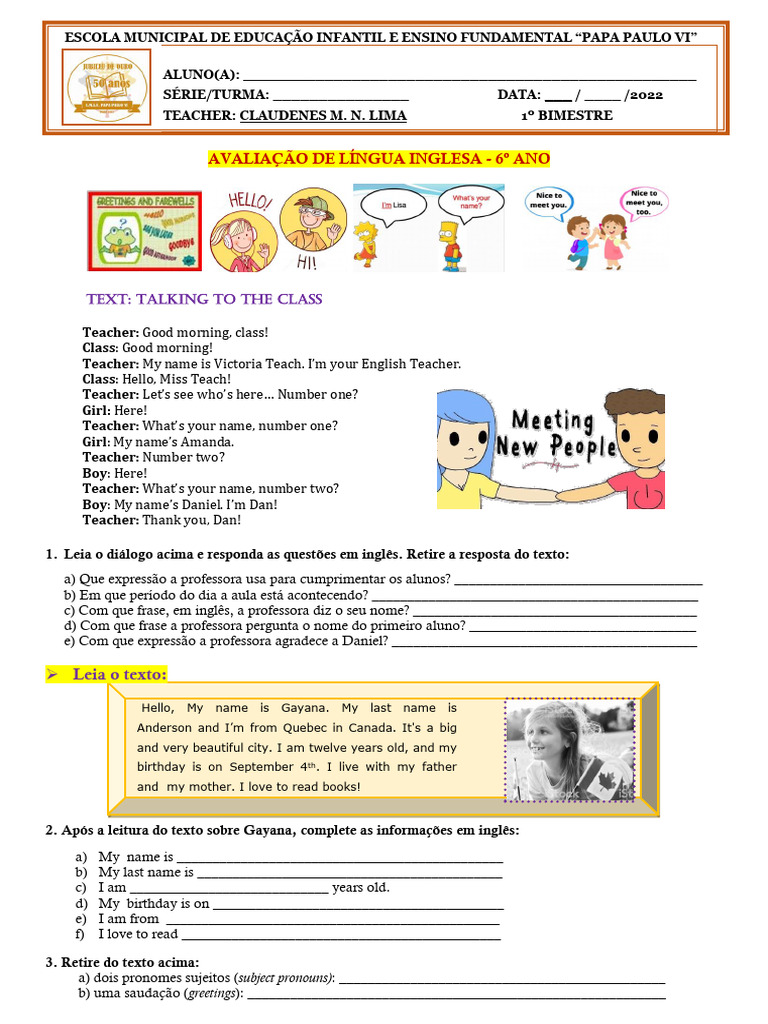 Avaliação de Inglês 6º Ano - 1º Bimestre | PDF