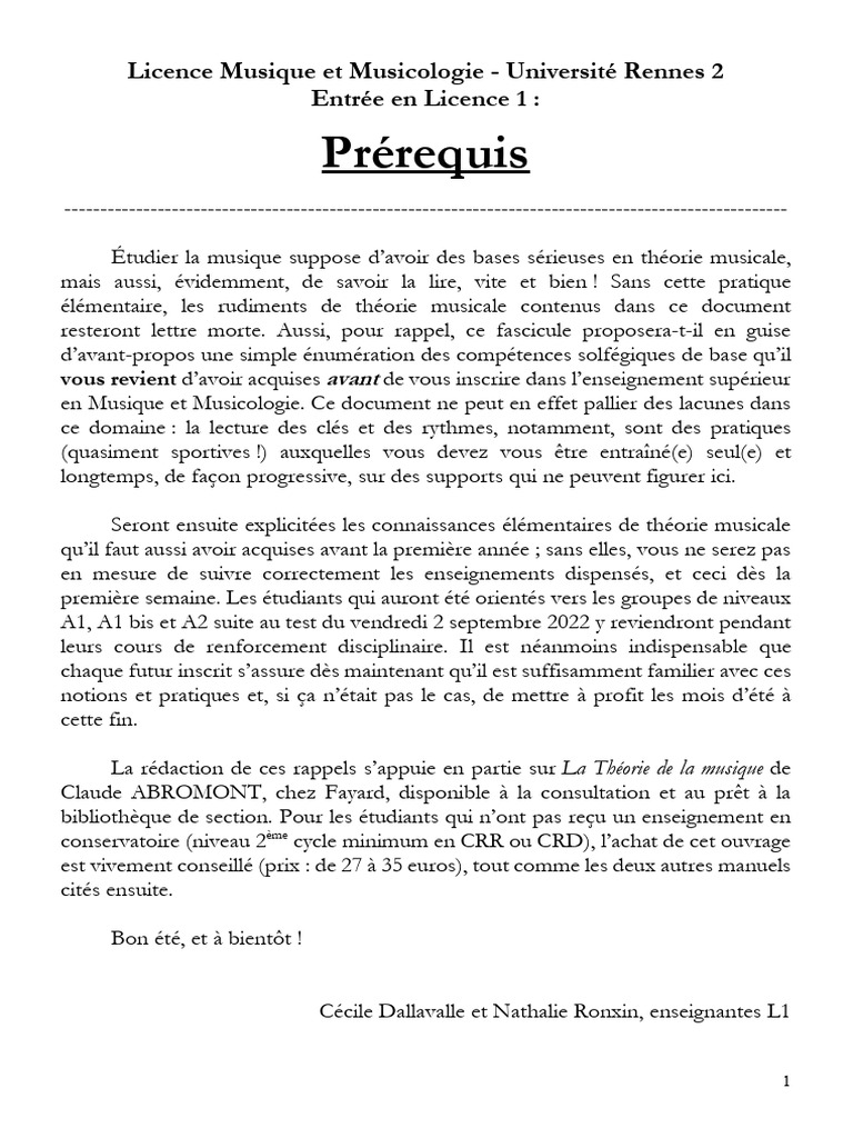 Prérequis en Théorie Musicale L1 | PDF | Gamme musicale | Intervalle ...