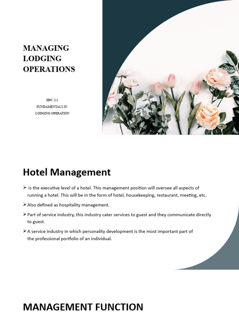 HPC 111 Fundamentals in Lodging Operation Managing Lodging Operation