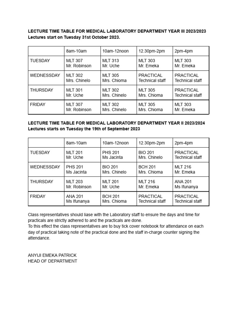 Time Table For 2023 - 2024 Academic Session | PDF