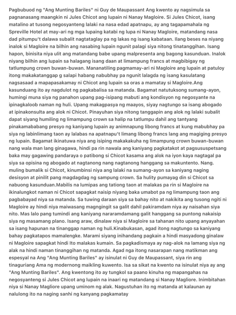 Pagbubuod NG Ang Munting Bariles Ni Guy de Maupassant Ang Kwento | PDF