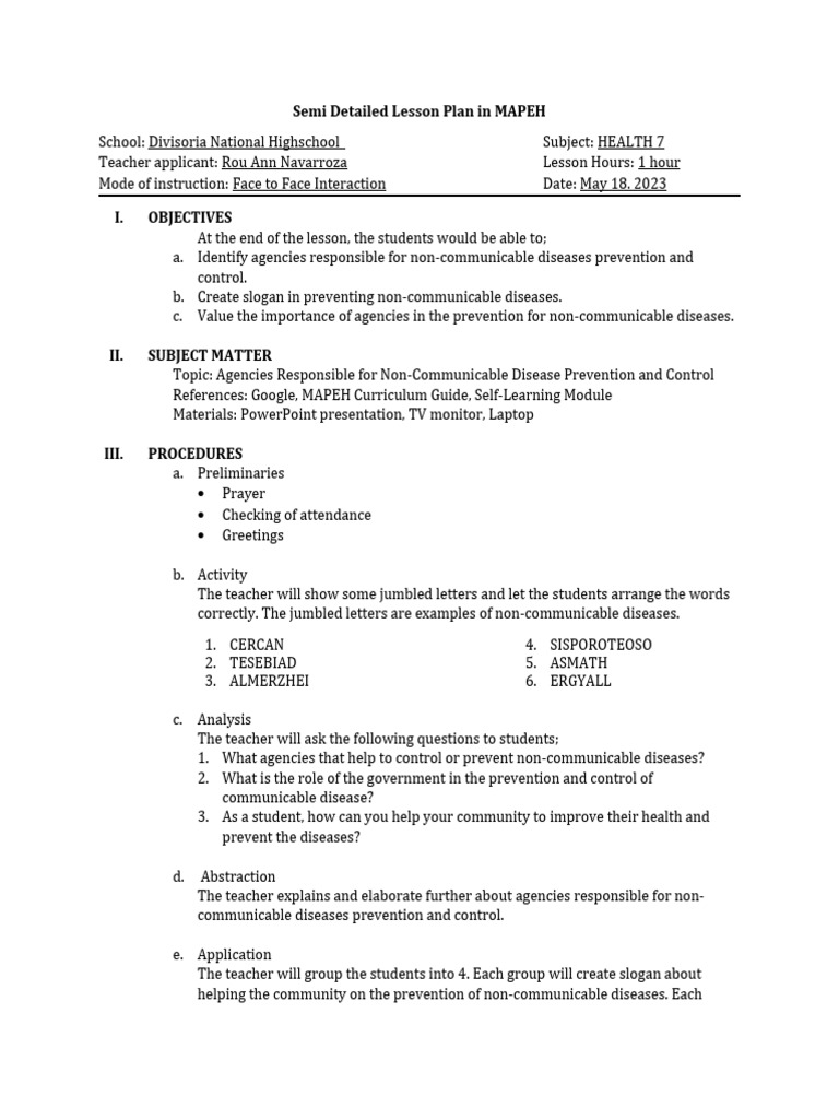 Non-Communicable Diseases Lesson Plan | PDF | Lesson Plan | Multiple Choice