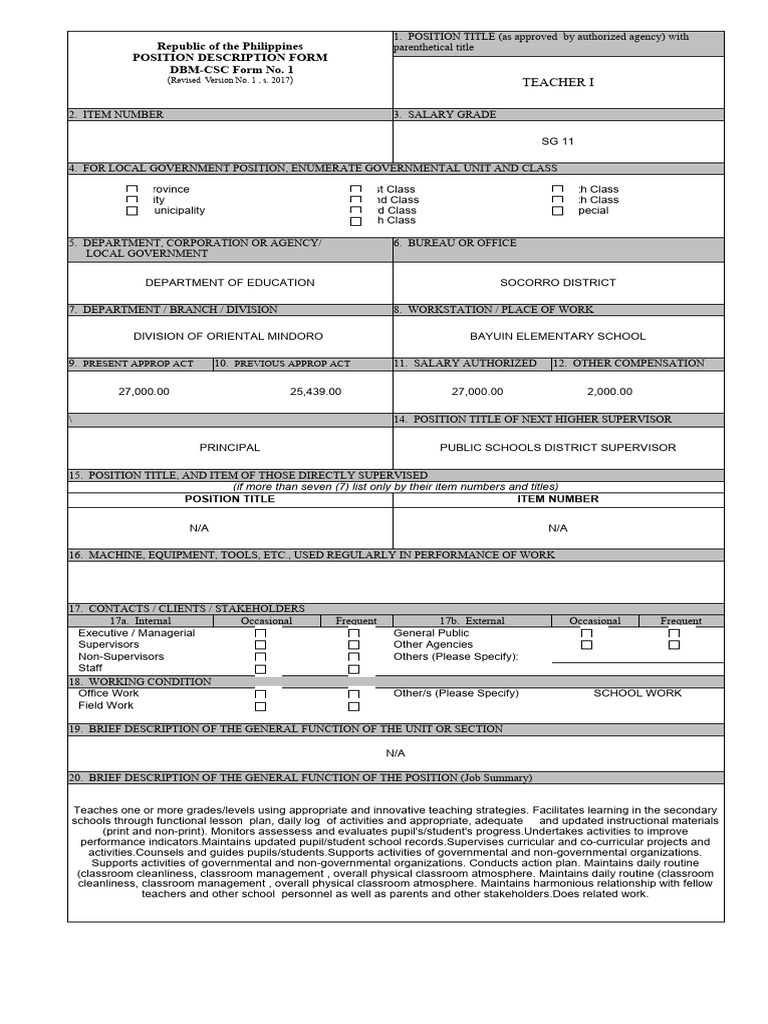 Teacher I Position Description Form | PDF | Teachers | Classroom