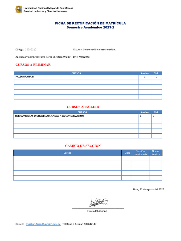 Ficha de Rectificación de Matrícula 2023-2 | PDF