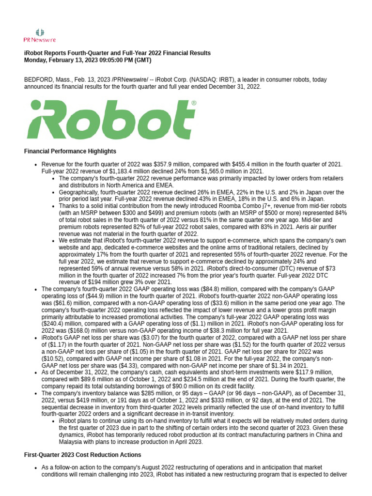 Irobot Reports FourthQuarter and FullYear 2022 Financial Results
