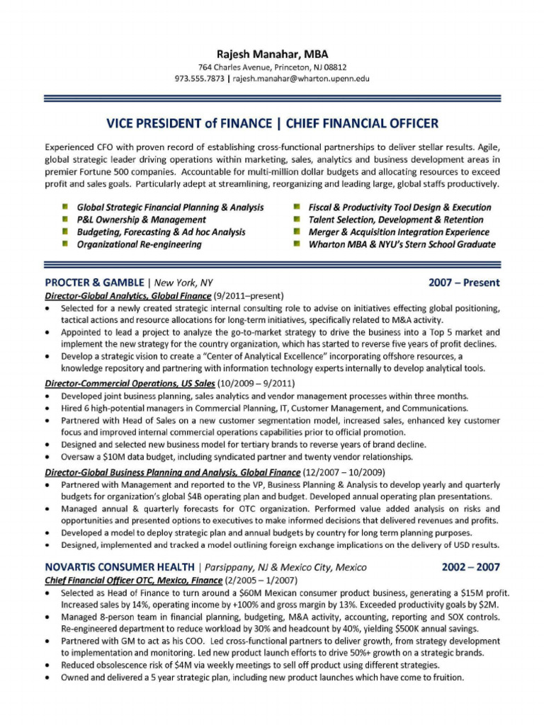 Chief Financial Officer CFO Resume Sample VP Finance Executive Resume ...
