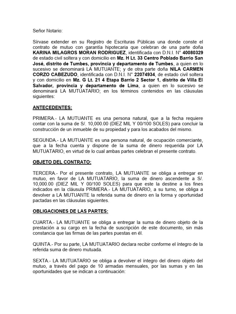 Contrato de Mutuo con Garantía Hipotecaria | PDF