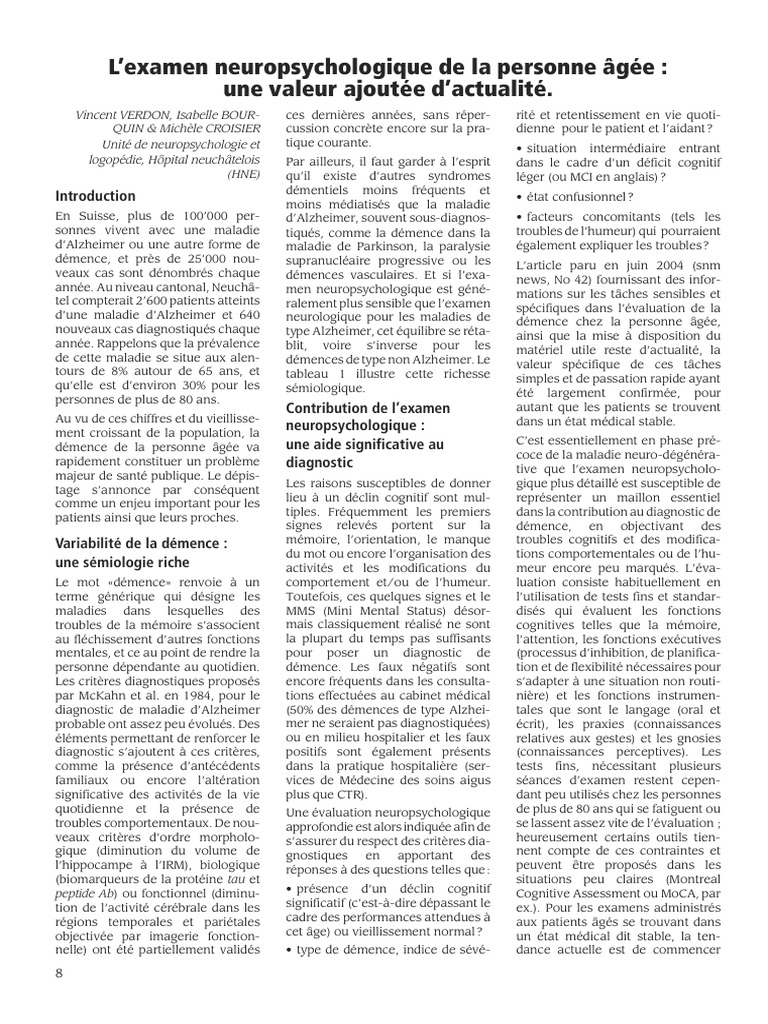 L examen neuropsychologique de la personne g e pdf