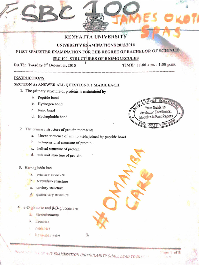 SBC 100 Structure of Biomolecules.. | PDF