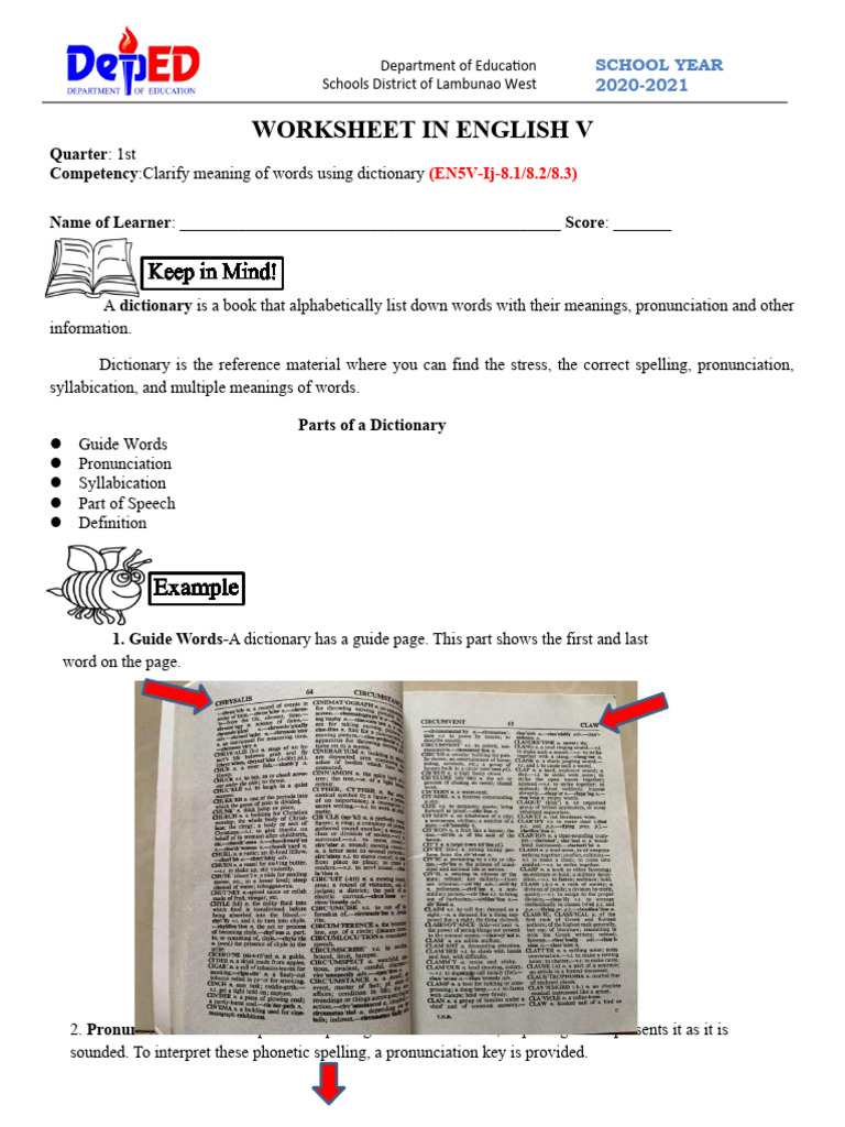 WORKSHEET 2 IN ENGLISH 51st Quarter Clarify Meaning of Words Using Dictionary and Thesaurus