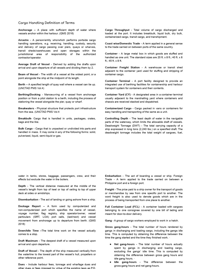 Cargo Handling Definition of Terms PDF Containerization Tonnage
