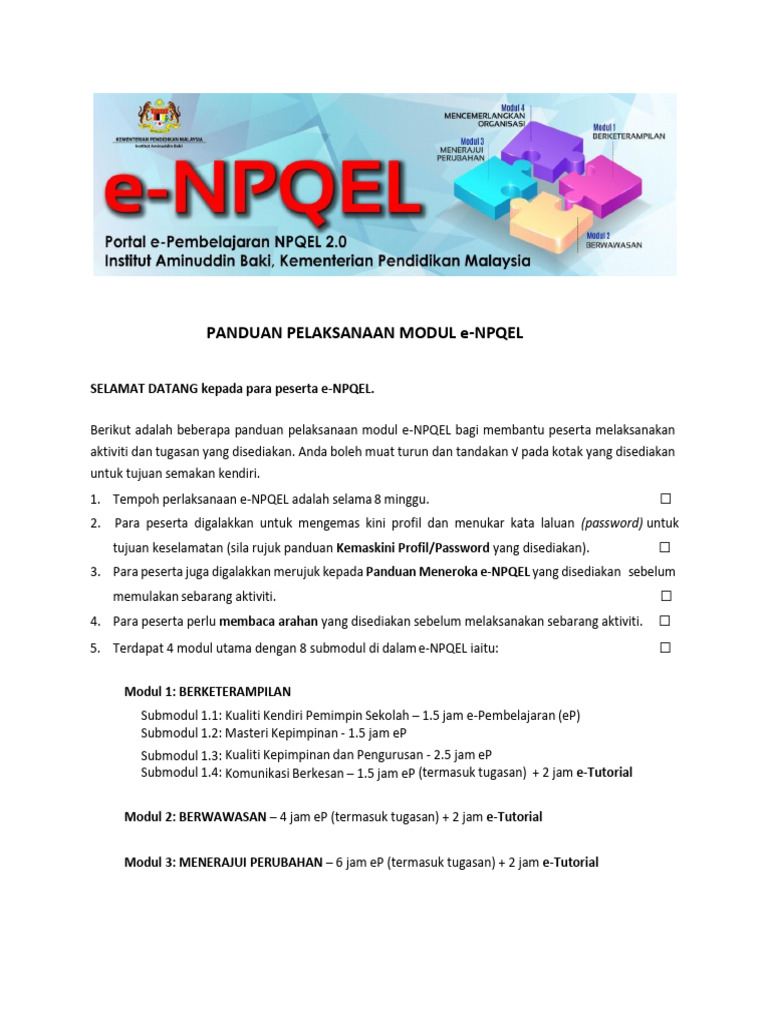 Panduan Pelaksanaan e-NPQEL 8 Minggu | PDF