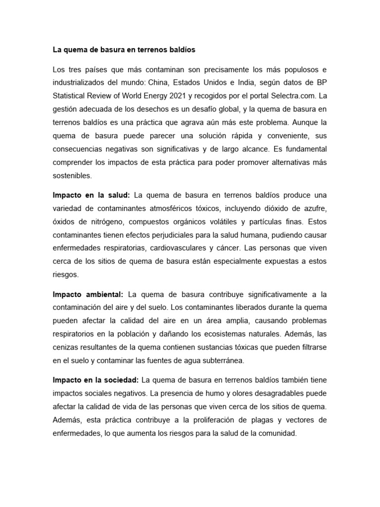 La Quema de Basura en Terrenos Baldíos | PDF