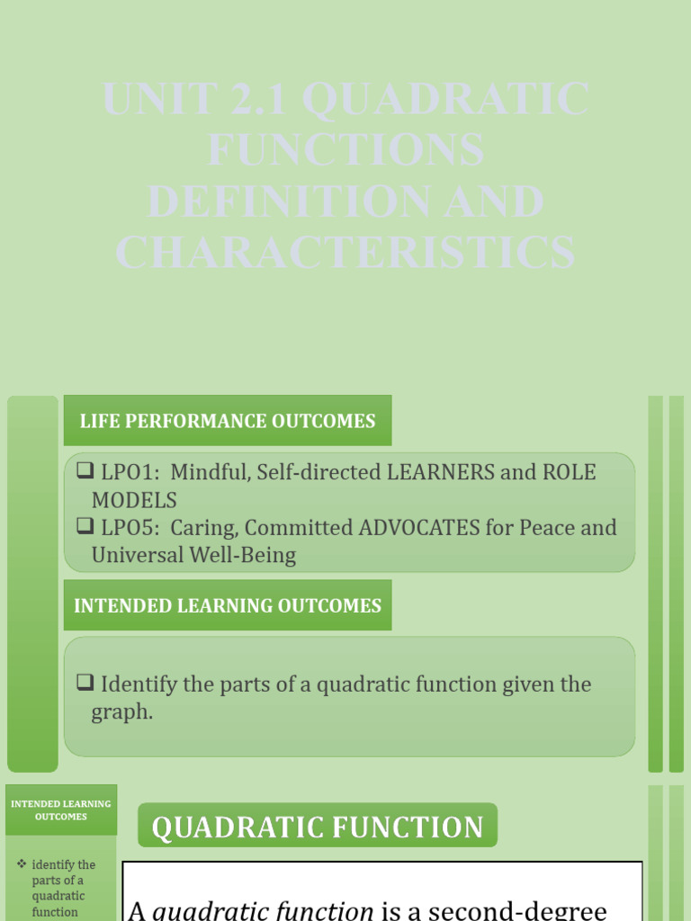 Unit 2.1 Quadratic Functions Definition and Characteristics | PDF ...