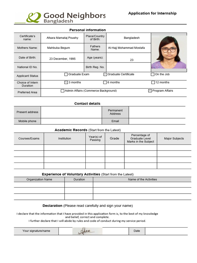 Application Form For Internship Pdf