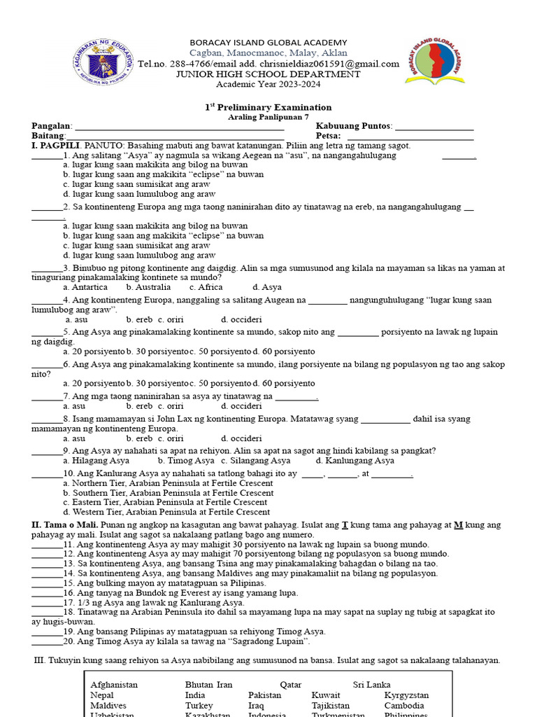 1st Preliminary Examination Grade 7 Araling Panlipunan 2023 Pdf
