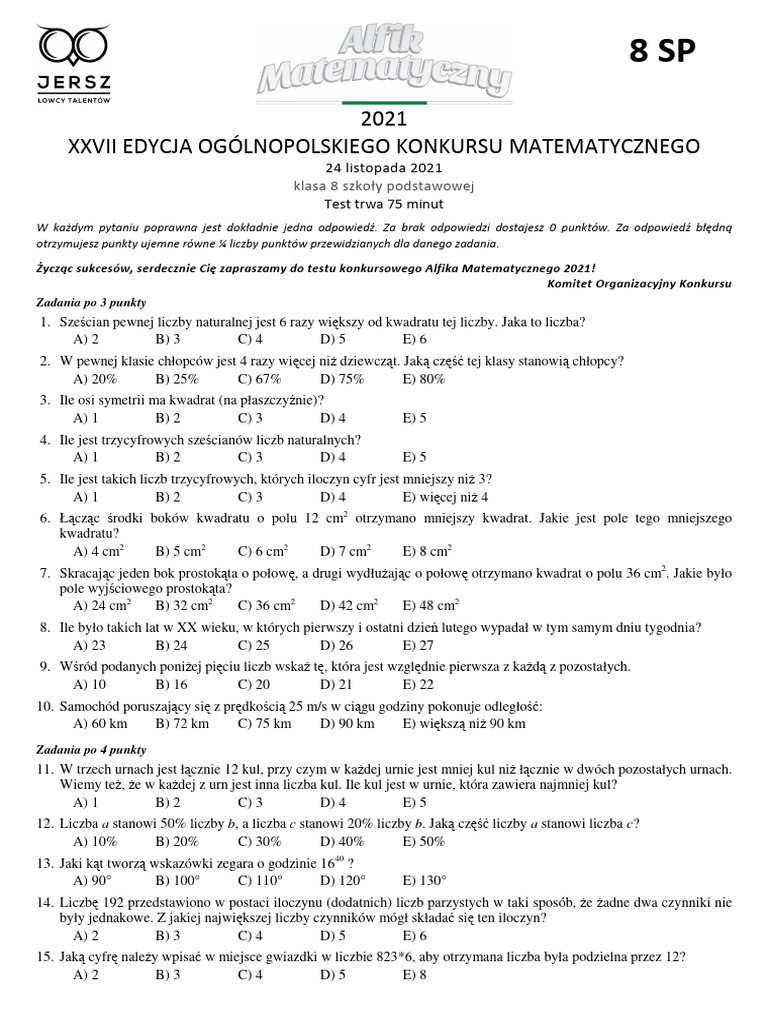 Alfik Matematyczny Klasa 4 Odpowiedzi Alfik Matematyczny 2021 8 SP | PDF