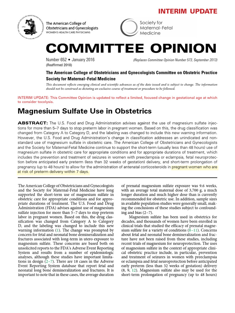 Magnesium Sulfate in Obstetrics | PDF
