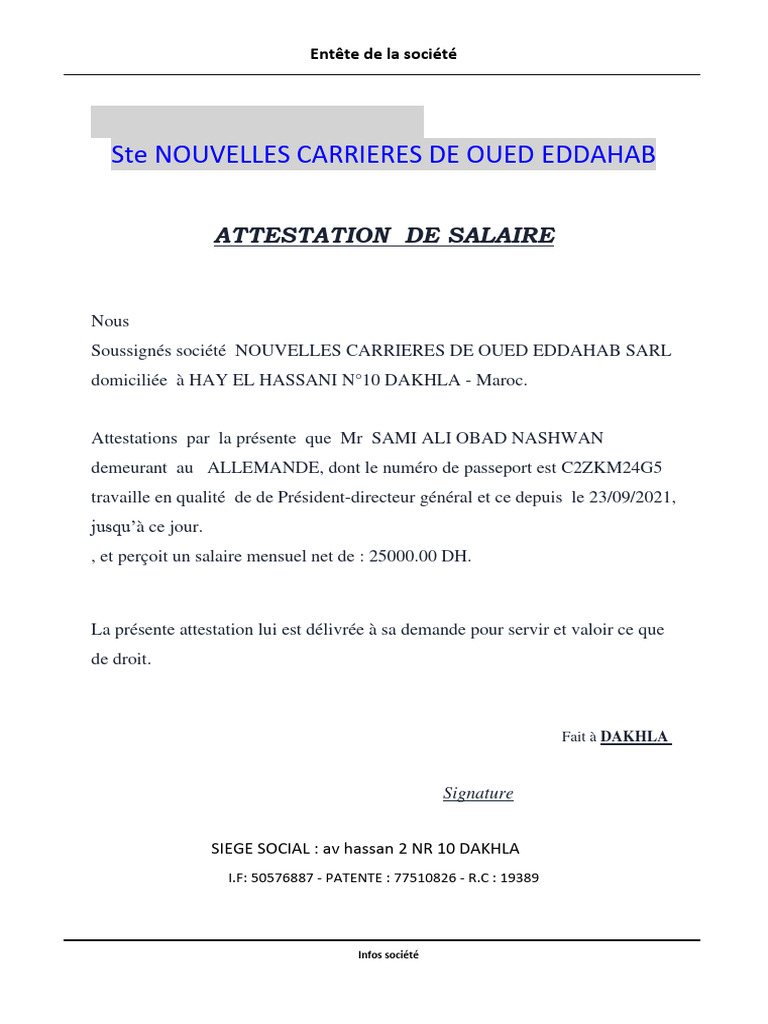 Attestation de salaire - Mr Sami Ali Obad | PDF