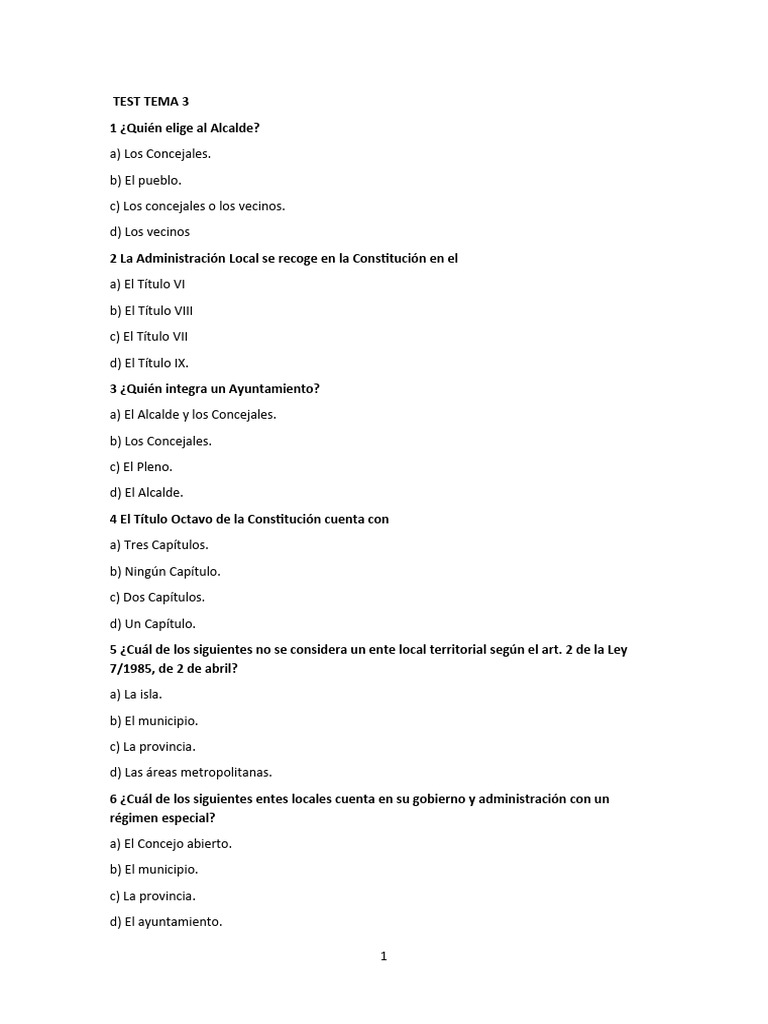 TEMA 3 TEST | PDF | Alcalde | Gobierno local