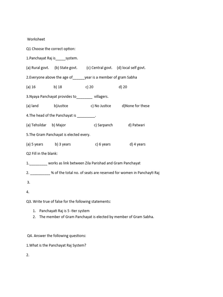 Panchayati Raj MCQ Worksheet for Class 6 | PDF