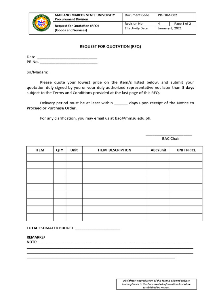 002 Request For Quotation Goods and Services Rev 4 PDF Taxes Payments