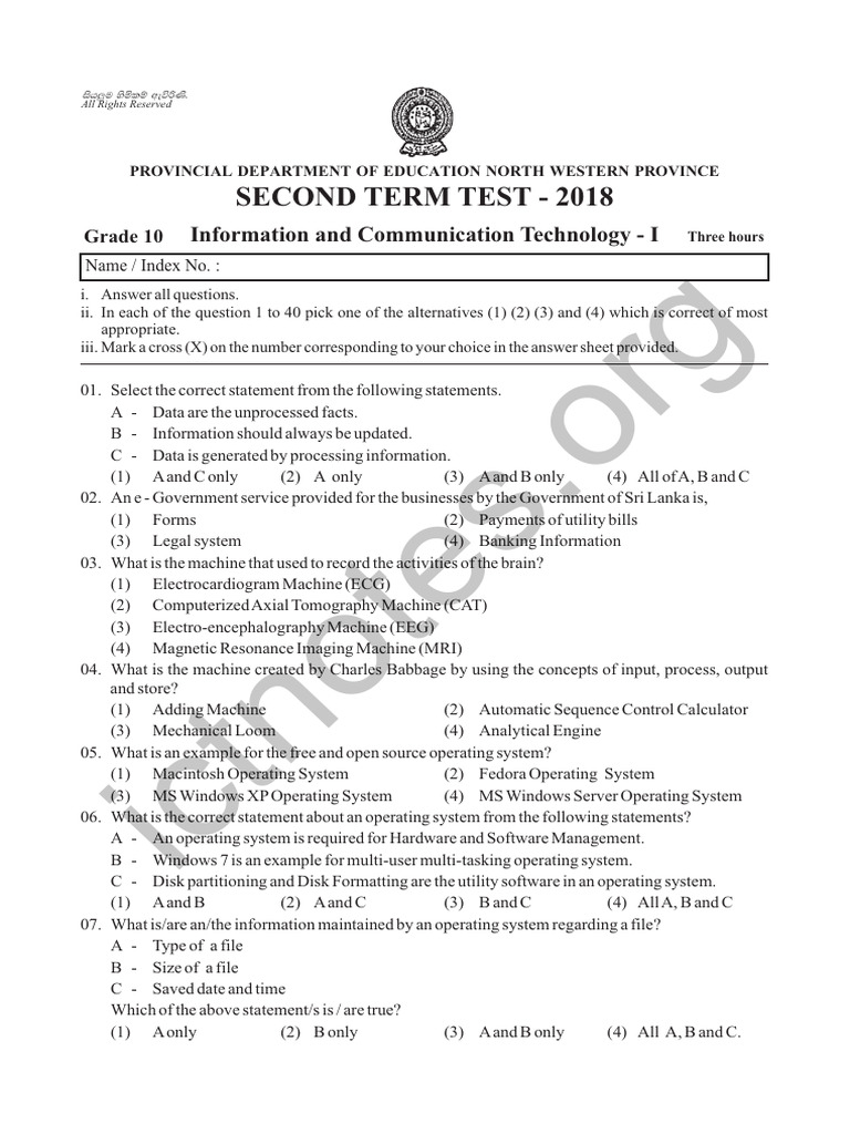 Grade 10 ICT English Medium Second Term Test North Western Province Paper 2018 PDF Flash