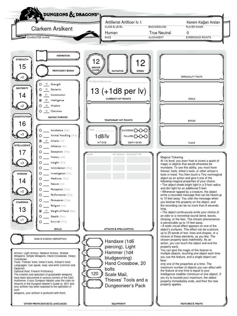 Artificer Character Sheet PDF