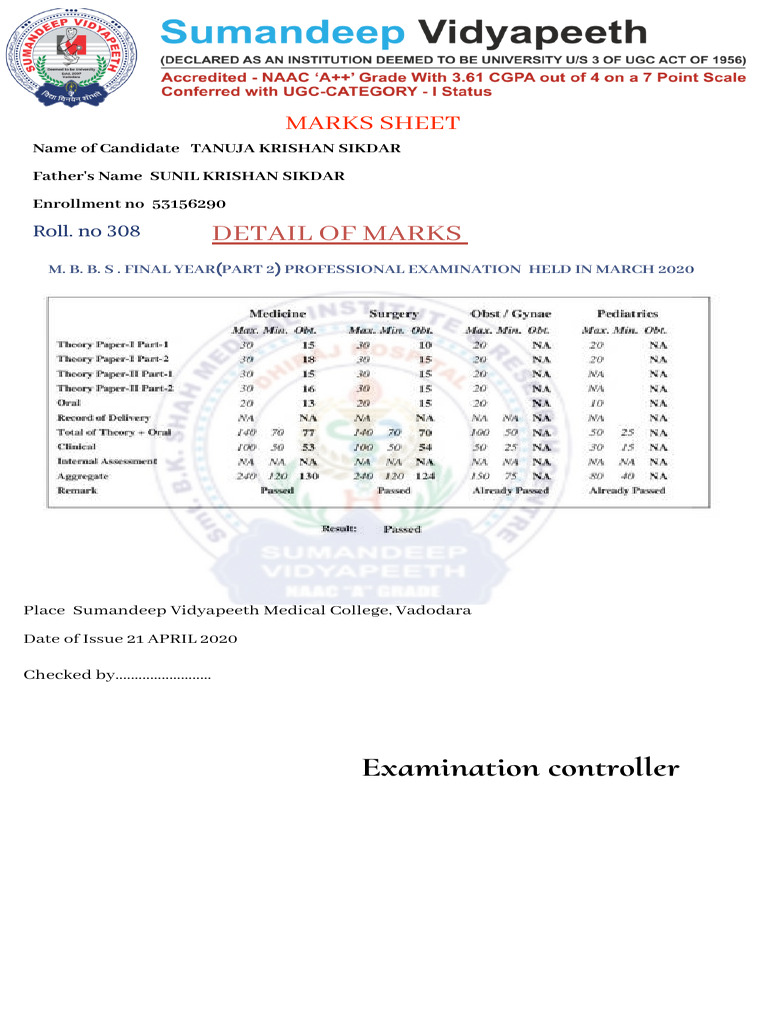 M.B.B.S Final Year Marks Sheet 2020 | PDF