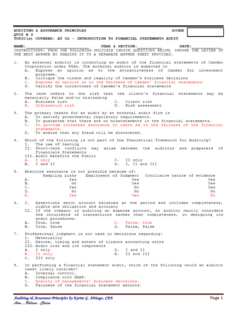 02 Quiz On Topic 2 With Answer Key Pdf Financial Audit Audit