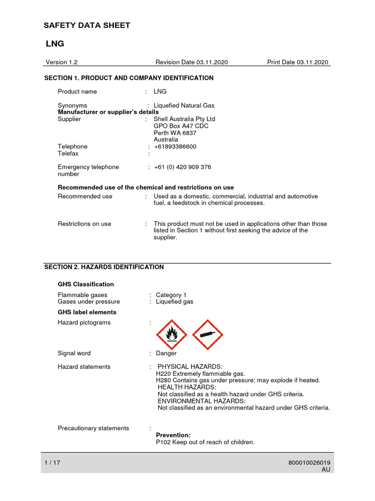 LNG Safety Data Sheet Overview | PDF | Glove | Waste