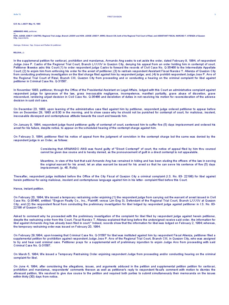 Contempt of Court Case: Ang v. Castro | PDF | Contempt Of Court ...