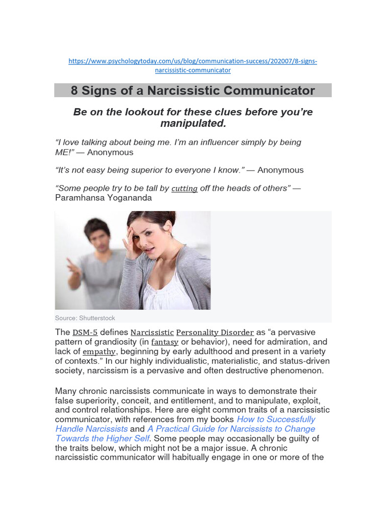 Signs of a Narcissistic Communicator | PDF | Narcissism | Psychological ...