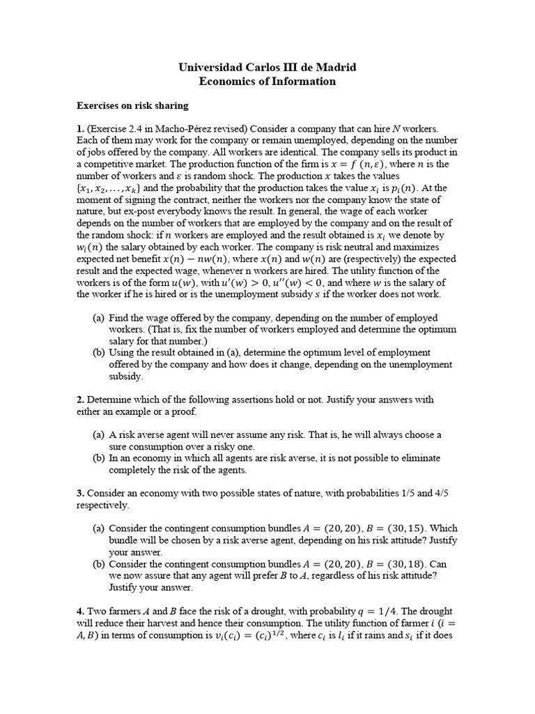Exercises On Risk Sharing | PDF | Business | Labor