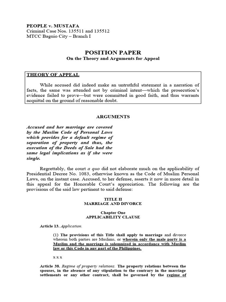 Position Paper | PDF | Marriage | Reasonable Doubt