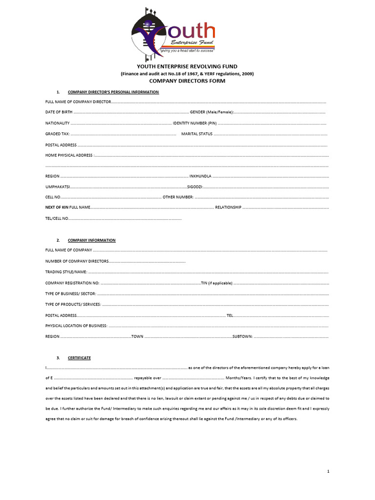 Youth Enterprise Revolving Fund Company Directors Form: (Finance and ...