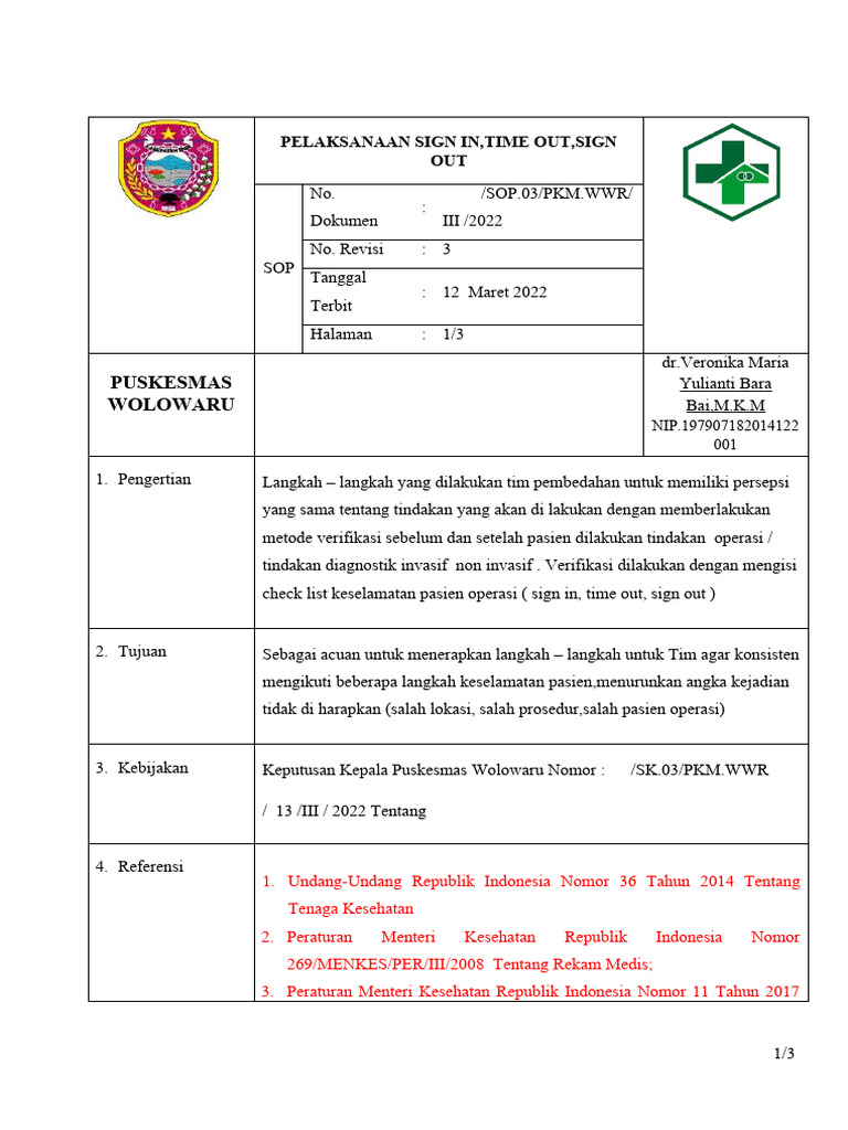 Prosedur Sign In, Time Out, Sign Out Operasi | PDF