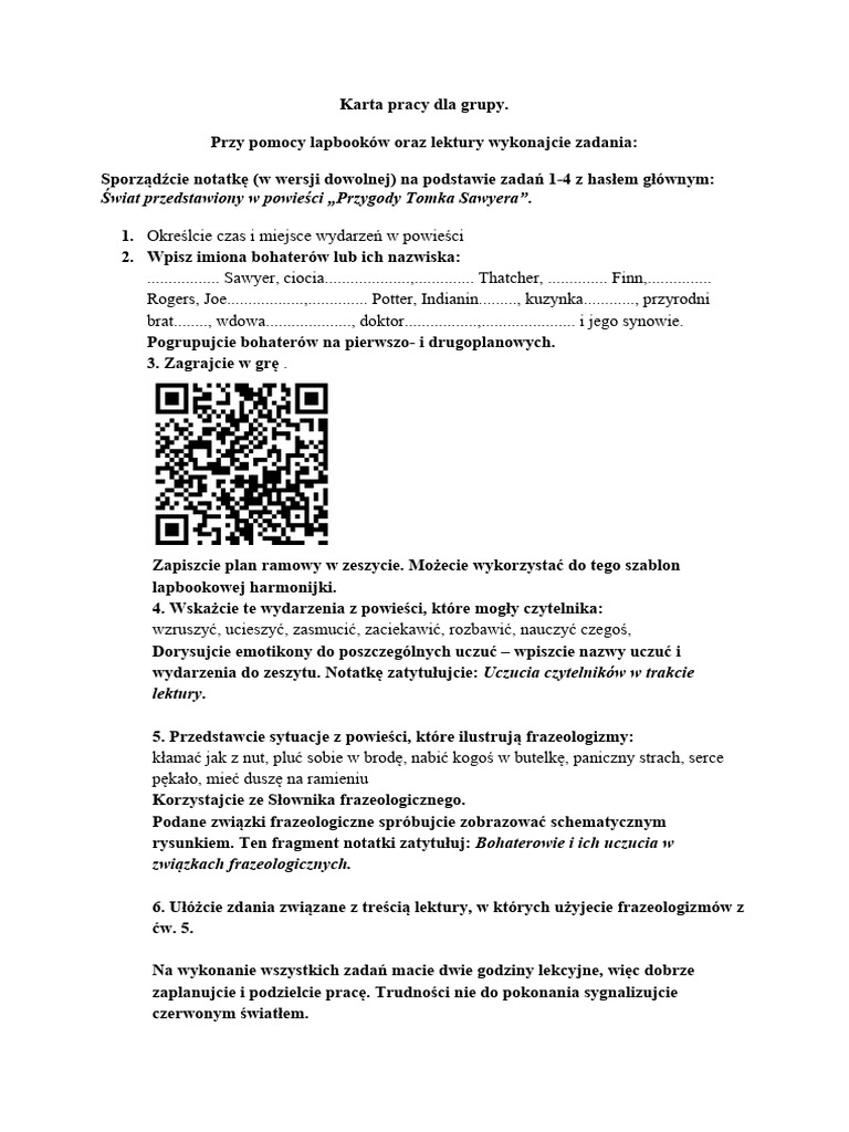 Przygody Tomka Sawyera Scenariusz Lekcji
