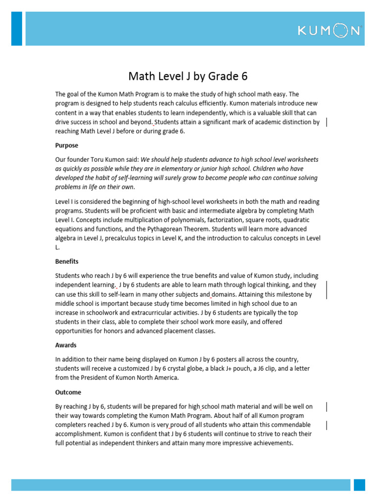 Kumon Math Level J: Achieving by Grade 6 | PDF | Mathematics | Algebra