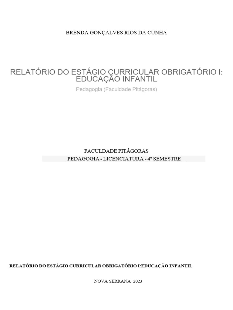 Relatório de Estágio em Educação Infantil | PDF | Pedagogia | Aprendizado
