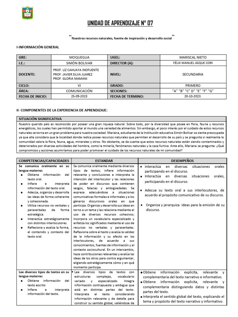 UNIDAD DE APRENDIZAJE 1º Grado - 2023 OCTUBRE | PDF | Aprendizaje ...