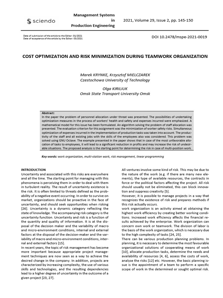 Paper cost optimization and risk minimization during teamwork