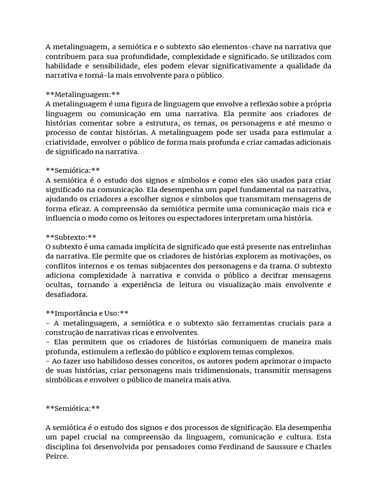 Metalinguagem e Subtexto na Narrativa | PDF | Semiótica | Narrativa