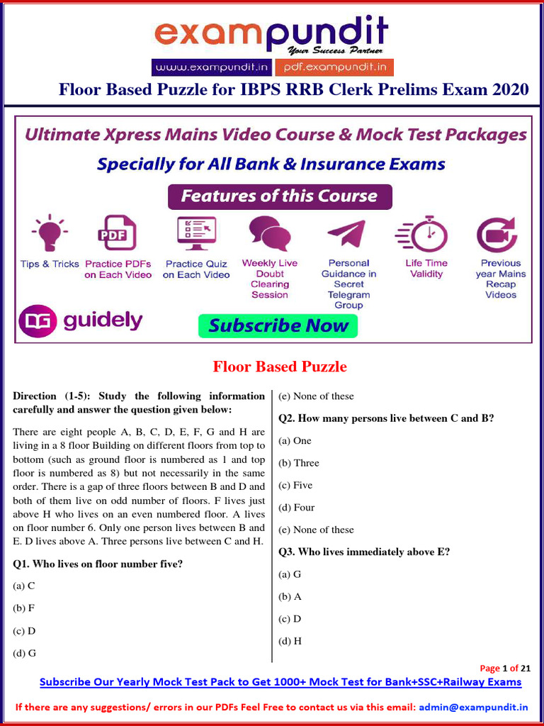 Floor Based Puzzle Questions PDF For Ibps RRB Clerk Prelims 2020 Exam PDF