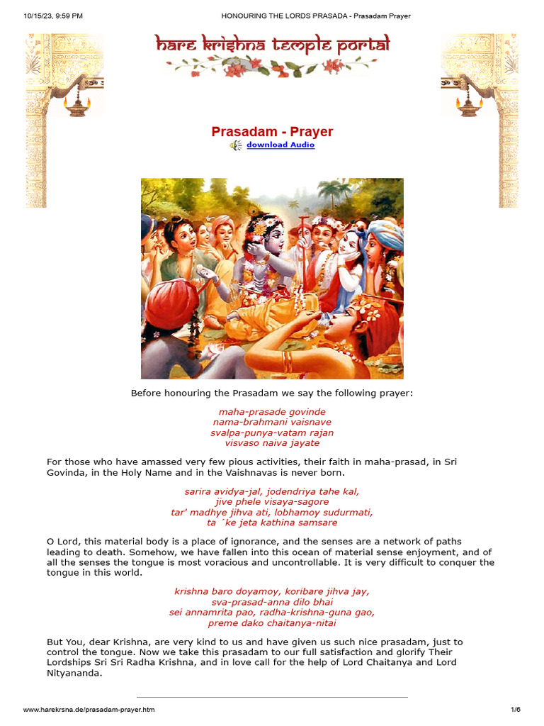 HONOURING THE LORDS PRASADA - Prasadam Prayer | PDF